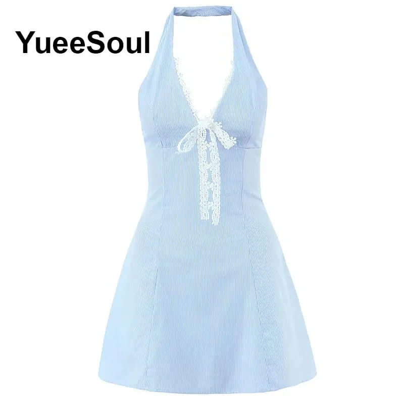Blue Printed Mini Dress 2026 Summer New Elegant Party Birthday Evening Dresses Y2K Sweet Cute High Street Casual Women Dress
