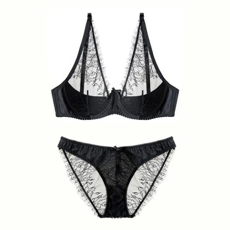 style thin cup cotton young ladies underwear lash transparent sexy women summer bra set lace female lingerie plus size