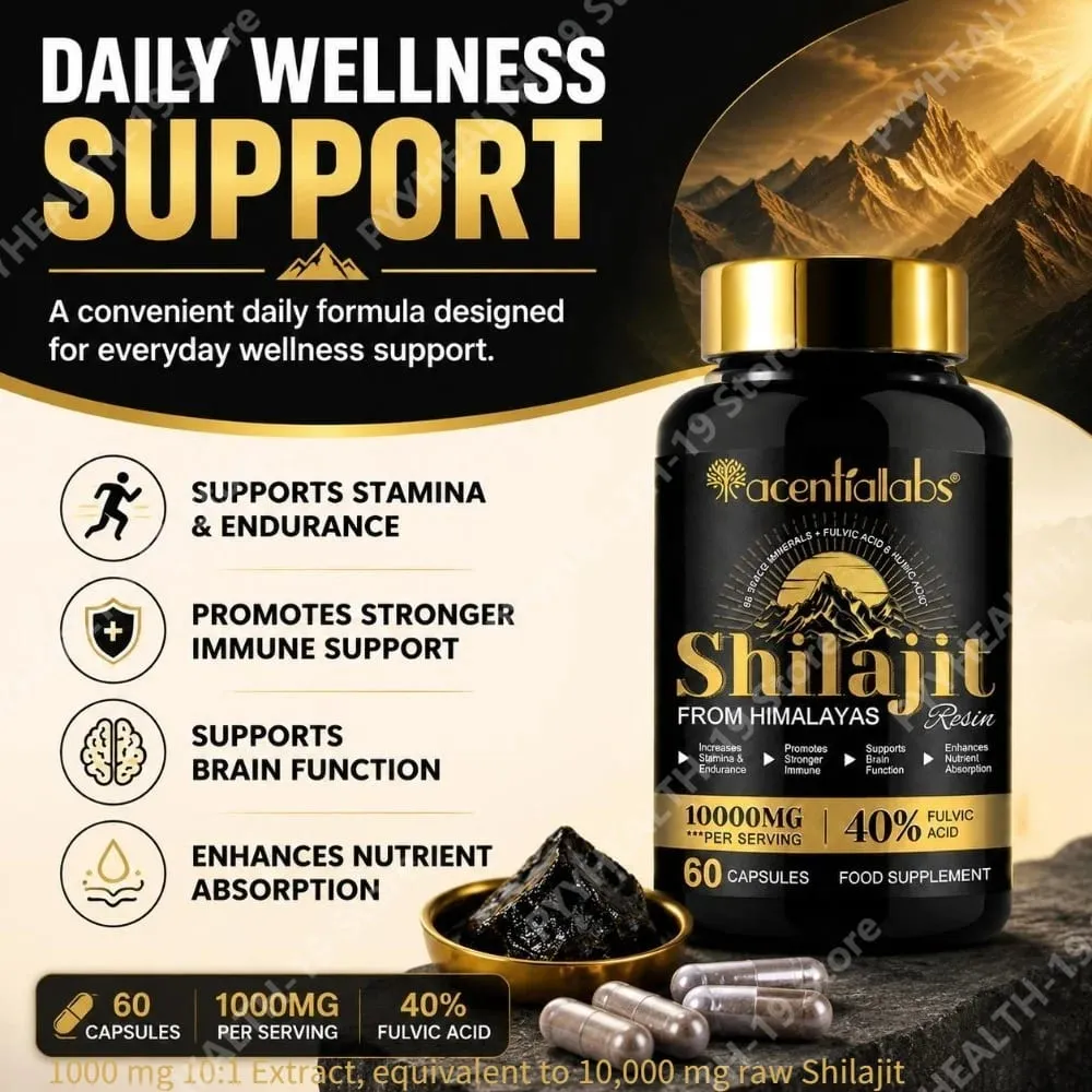 Shilajit Resin Capsules from Himalayas 1000mg 10:1 Extract 40% Fulvic Acid 60 Count Supports Stamina & Endurance Brain Function