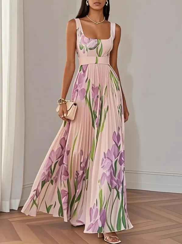 Vestidos Mujer Sexy Square Collar Pleated Dress Woman Spring Floral Print High Waist Long Dresses New Summer Sleeveless Sundress