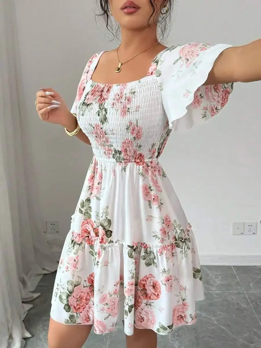 Women Floral Print Sashes Ruffle Hem Short Sleeve Casual Dress Vacation Style Women's Evening Dresses