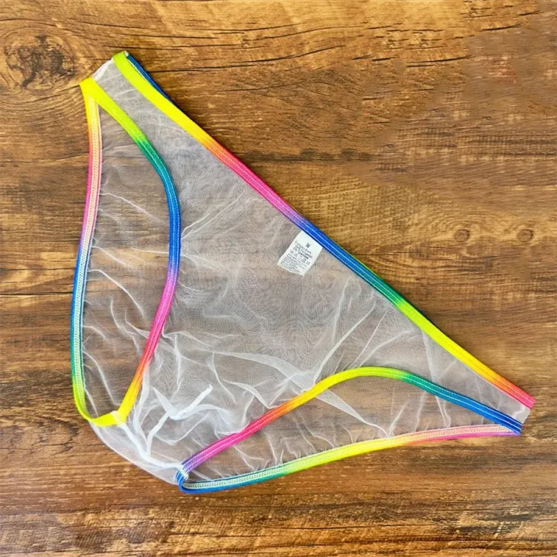 Cuecas masculinas coloridas de cintura baixa u convexa, cuecas de gaze sexy ultrafinas de malha pura transparente
