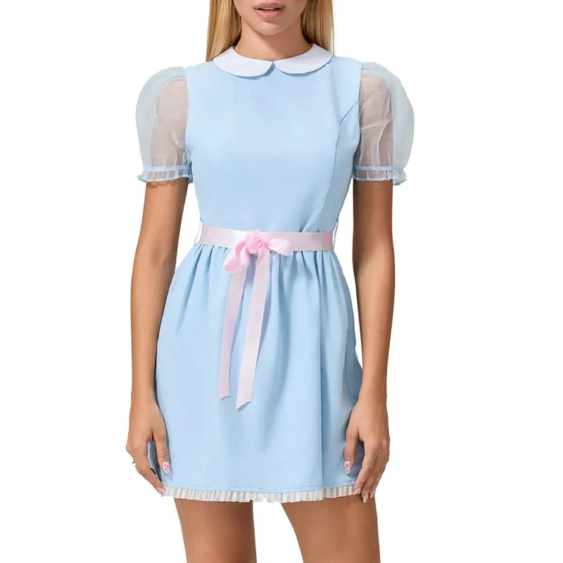 Kawaii Doll Collar Dress Puff Sleeve Tiered Ruffle A-Line Dress dengan Bow Belt for Daily Party Club Lolita Style Fairy Mini Dress