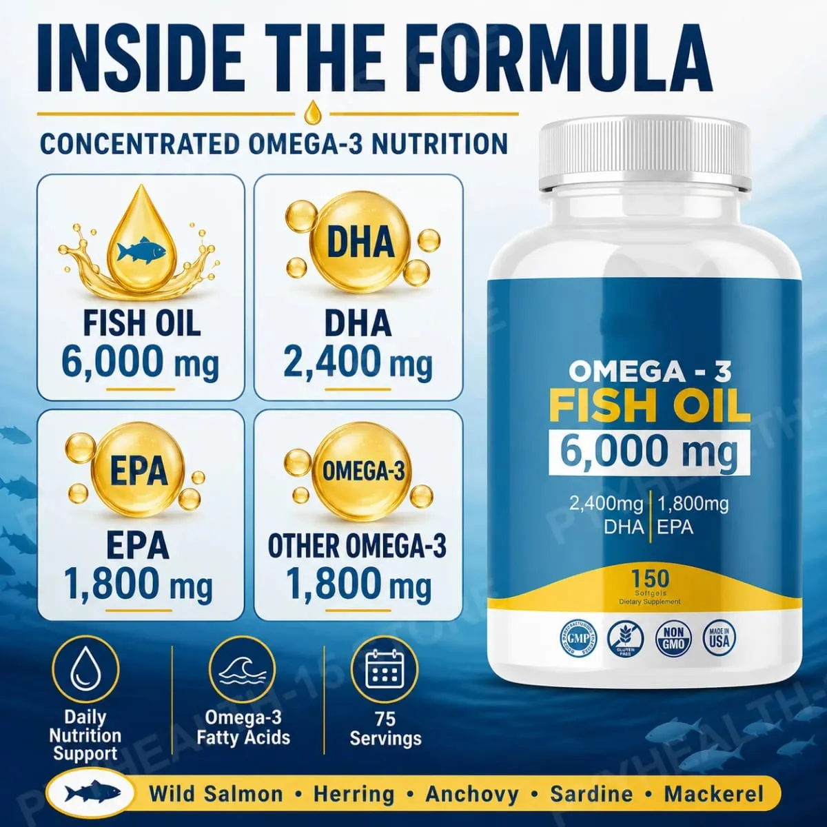 Omega-3 Fish Oil 6000mg Softgels High DHA EPA Formula 2400mg DHA 1800mg EPA Non-GMO 150 Capsules Heart Brain Nutrition Support