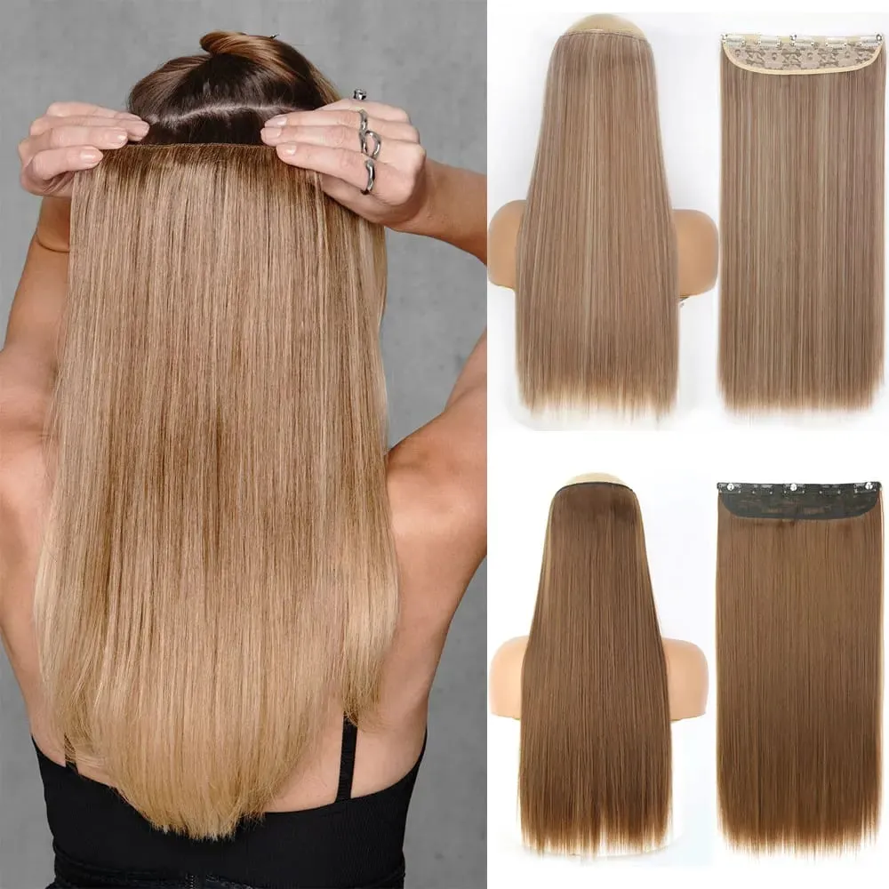Cabelo longo e reto sintético, 5 clipes de extensão, clipes em fibra de alta temperatura, preto, marrom