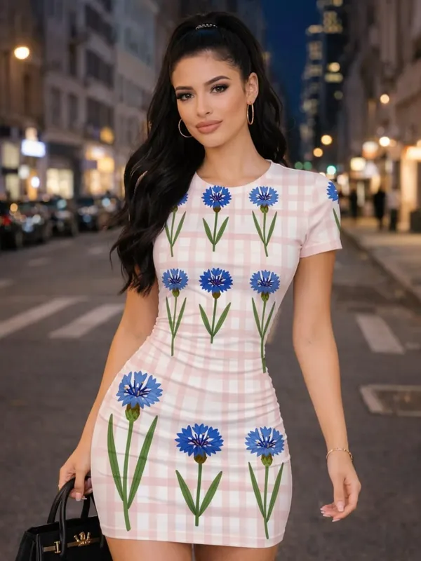 Womens Short Sleeve Bodycon Mini Dress Slim Fit Crew Neck Floral Print Casual Summer Party Lightweight Elegant Clubwear Sundress