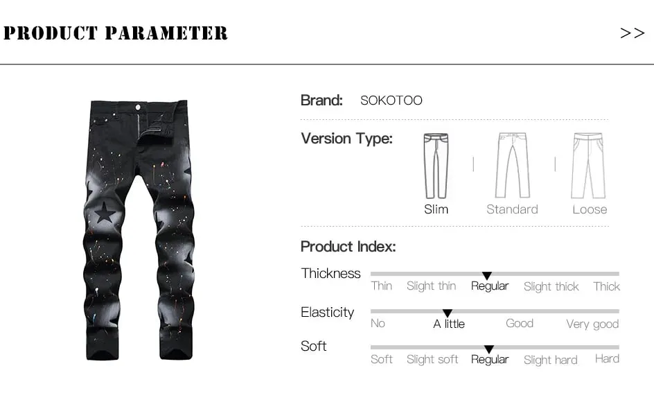 Men Star Painted Denim Jeans Casual Graffiti Print Slim Straight Pants Black Stretch Cotton Spandex Trousers