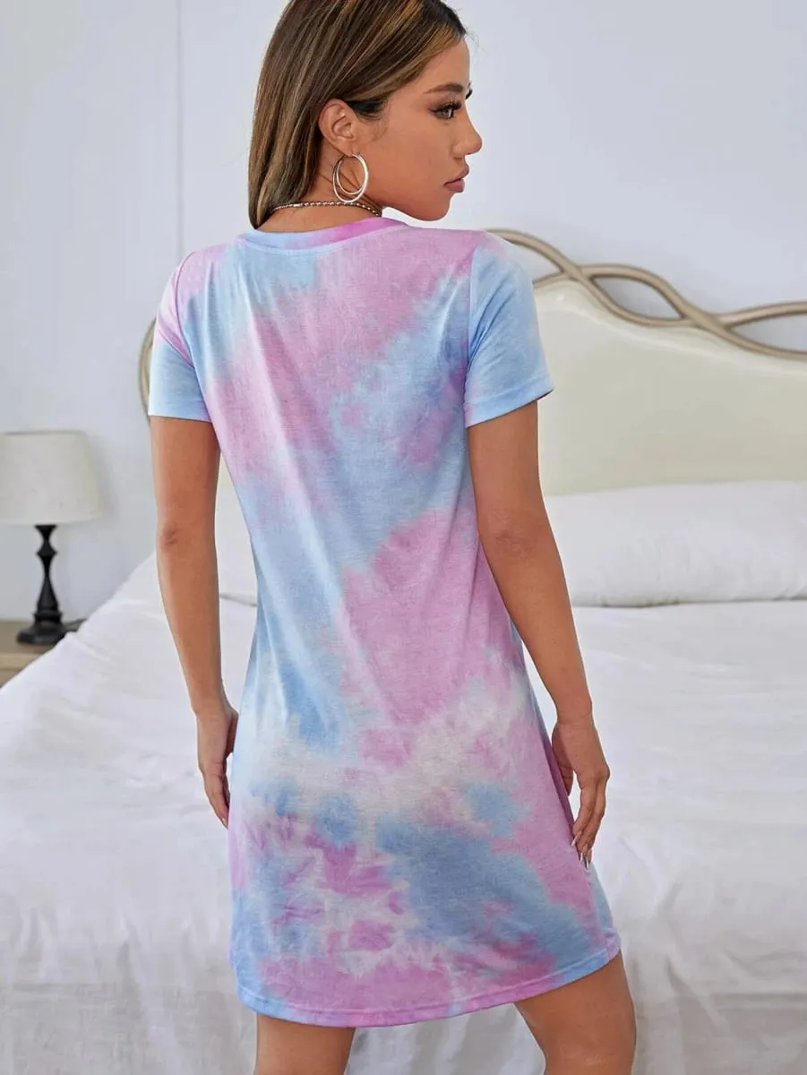 Women's Tie-Dye Printed Casual Pajama Dress Short-Sleeved Round Neck T-Shirt Dress Comfortable Loungewear