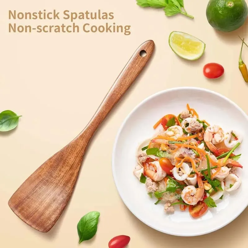 5pcs Wooden Utensil Set with Hanging Holes Food Grade Spoons and Spatula 24-33.7cm Non-Toxic Smooth Kitchen Tools for Cooking