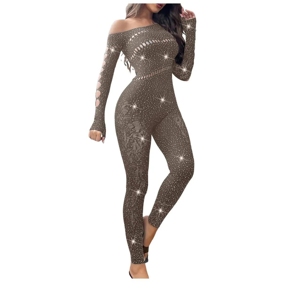 Mulheres sexy malha strass macacão manga longa ver através de alta estiramento corpo meias macacão clube plus size estoque lingerie
