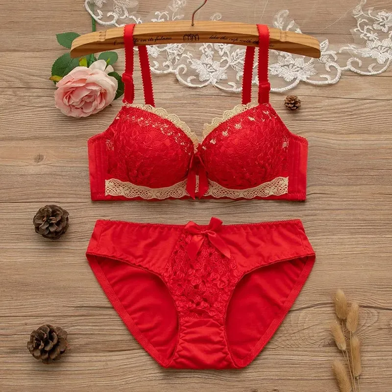 Women Underwire Sexy Lace Bra&Panty Shape‑Adjustable Push‑Up Bra For Small Bust Young Girls Anti‑Sagging Support Lingerie Set