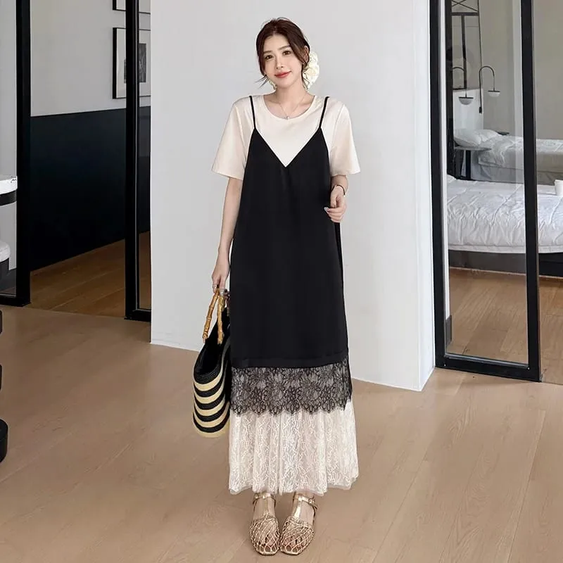 New 2026 Summer Women's Dresses Loose Plus Size Patchwork Lace Vestidos Fake Two Piece Female T-Shirt Dress Robe KE6690