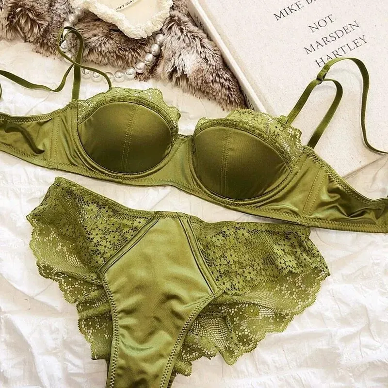 Conjunto de sutiã push up de renda francesa, sexy, copo demi, respirável, fio fino, sutiã anti queda, controle de gordura lateral, reunido para busto pequeno, imperdível