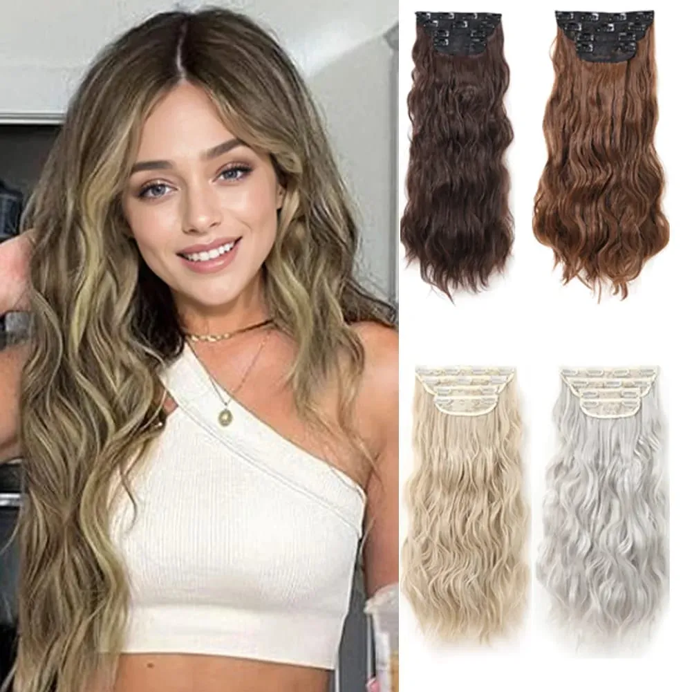 4Pcs/Set 16/20/24 Inch Synthetic Hair Clip In Long Wavy Thick Double Weft Hair Extensions Hairpieces For Women — image 1