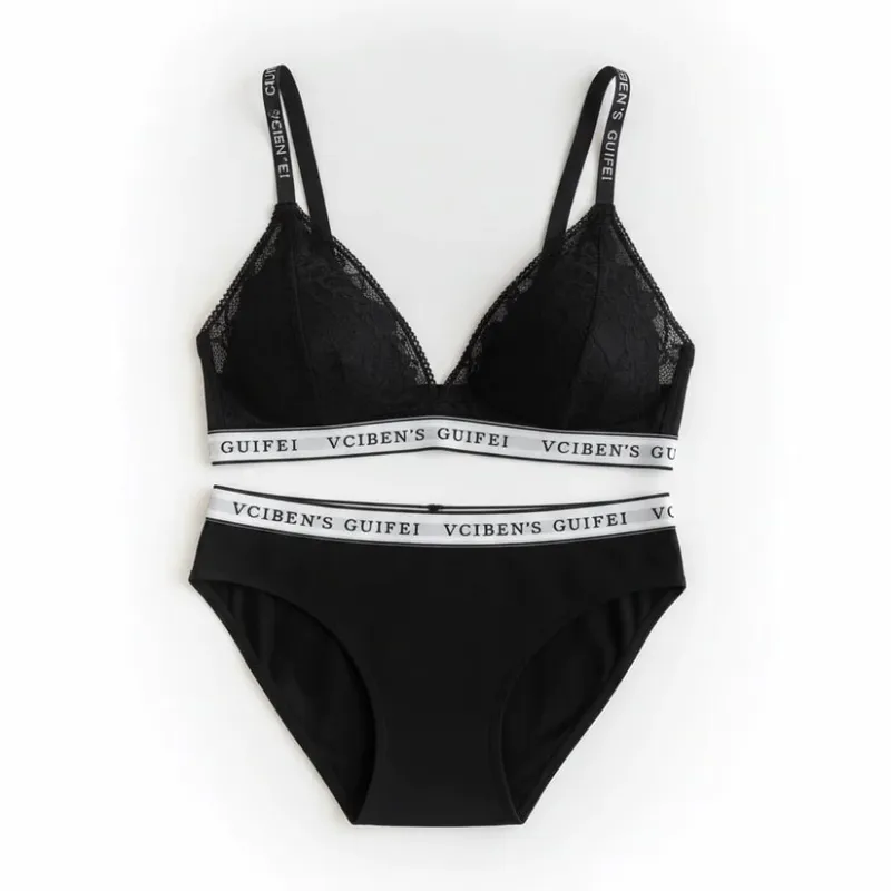 Breathable Letter Design Lingerie Set Deep V Lace Women Underwear Suit Color Blocking Wireless Bra Panties Set Famle