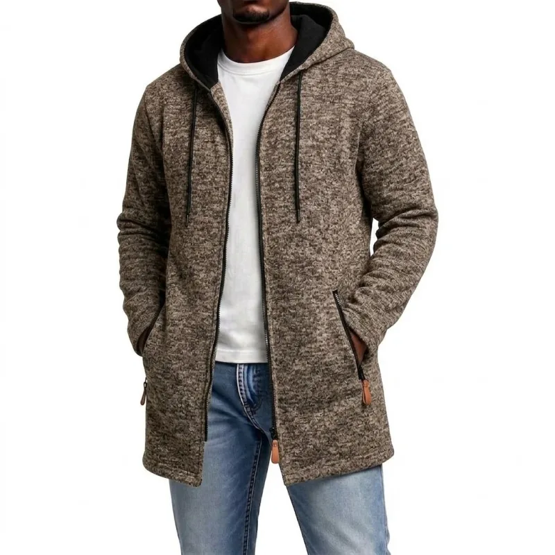 New Men's Zip Up Hoodie Casual Mid-Length Sweatshirts Fleece Jacket Warm Winter Hooded Trench Coat Outerwear with Zipper Pockets