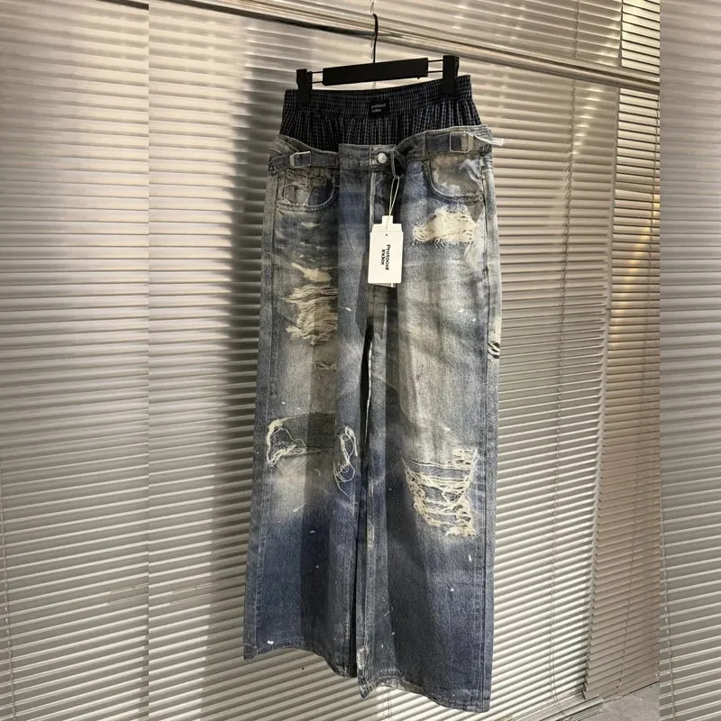 Trend Fashion Street Style Fake Two Piece Double Waist 3D Printed Digital Printed Ripped Baggy Protocol Index Jeans
