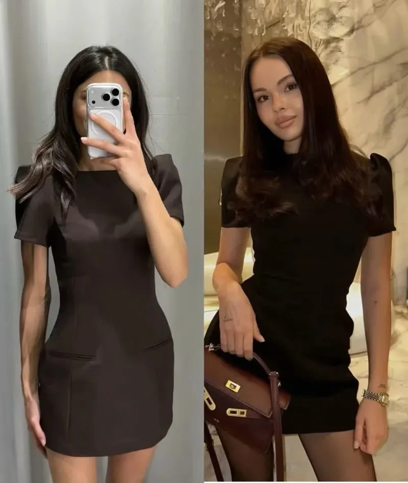 ETJ 2025 women's new products are elegant and stylish Short dress with a boat neck and short sleeves with pleats black dress