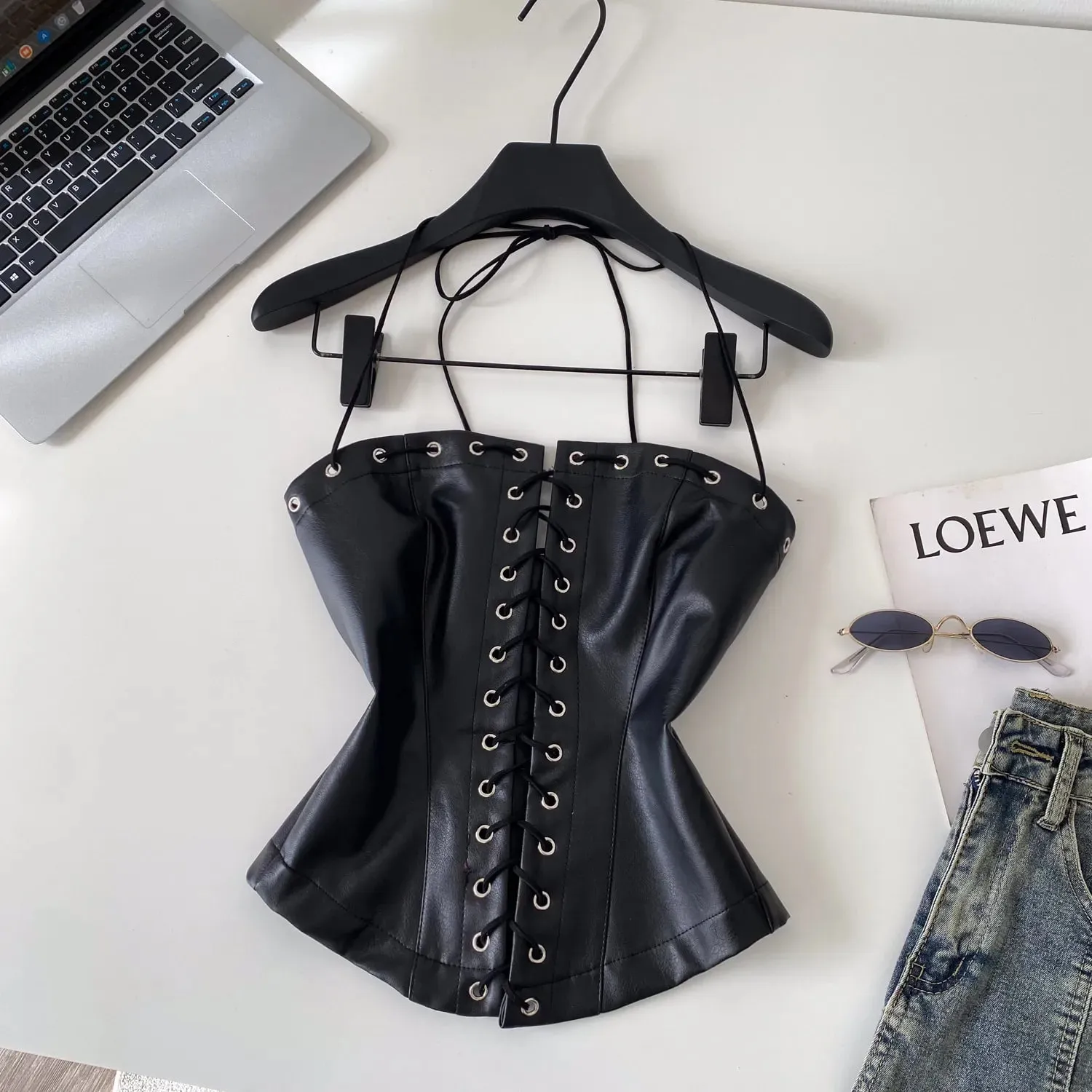 Sexy Bandage Pu Solid Tanks Top Vintage Corset Bustier Korean Autumn Camis Women Party Crop Top Y2k