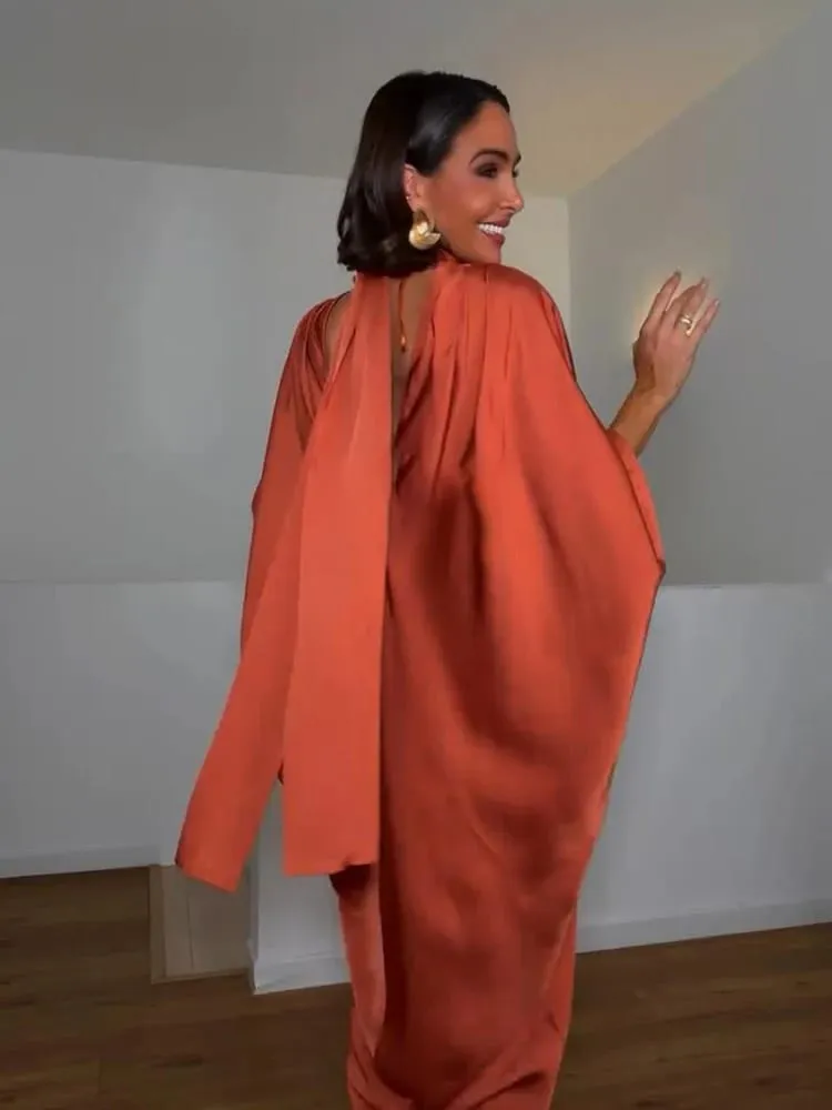 Women Solid Satin Maxi Dress High Neck Batwing Sleeve Loose Fit Front Slit Dresses Lady 2026 Summer Elegant Evening Party Outfit — image 1
