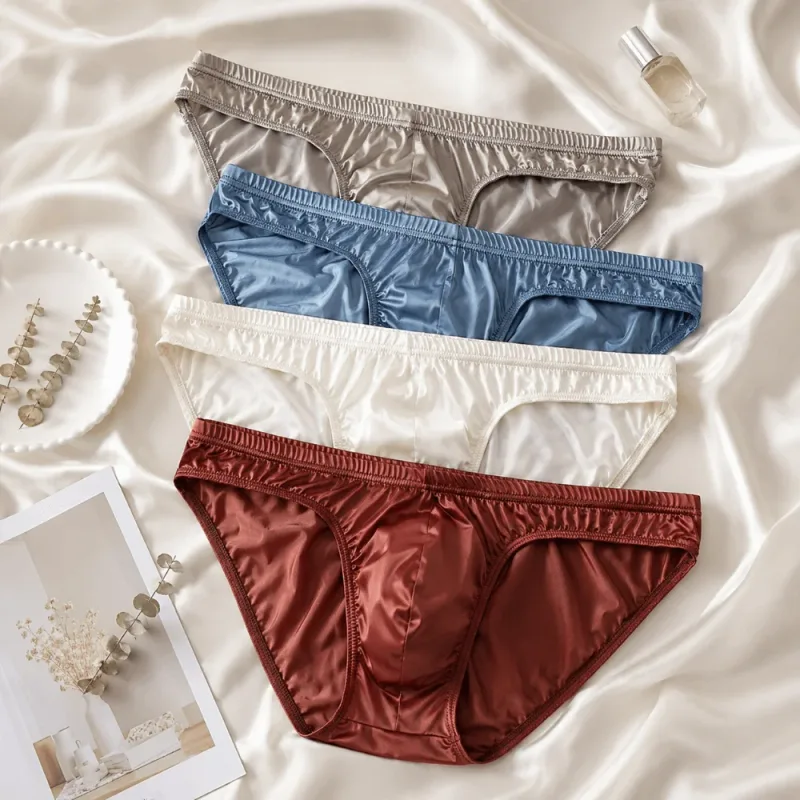 Cool Smooth Men's Underwear Low Waist Bulge Pouch Ice Silk Briefs Lingerie Breathable Satin Silk Panties Daily Routine