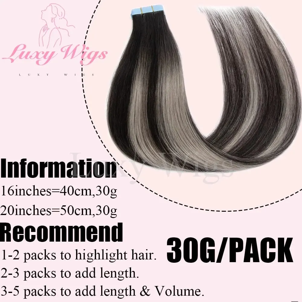 Highlights Gray Tape in Hair Extensions Human Hair Straight Black Blonde Seamless PU Skin Weft Tape In Hair Extensions 20PCS