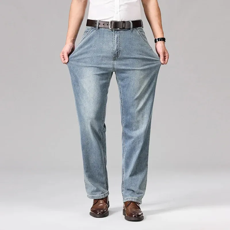 2026 Summer Men's Business Casual Thin Straight Jeans 90% Cotton Soft Stretch Fabric Baggy Denim Pants Male Brand Trousers