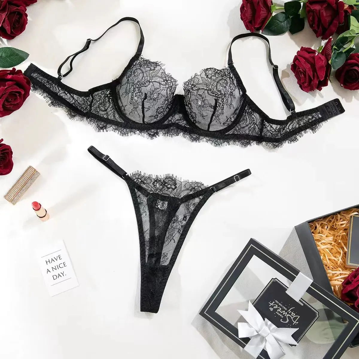 Sheer Lace Lingerie Set Women Floral Pattern Thin Straps Romantic Underwear