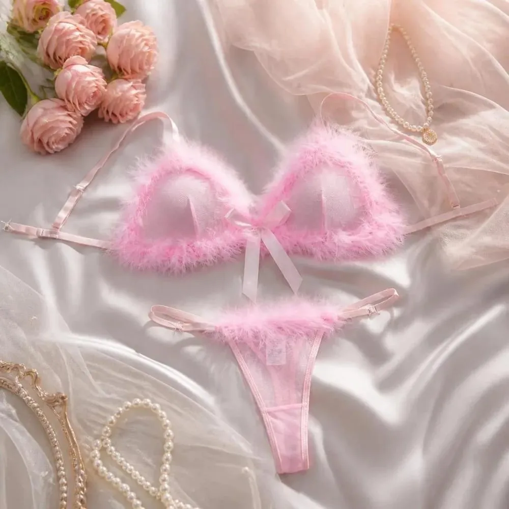 Christmas Furry Women's Underwear Mesh Transparent Bow Decor Lingerie Set Wireless Romantic Intimate Bra Panties Suit Christmas
