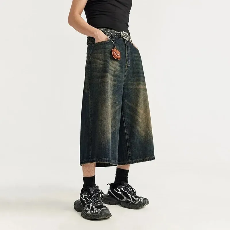Men Vintage Washed Denim Shorts Loose Wide Leg Retro Nostalgic Tone Summer Streetwear Vintage Cropped Jeans