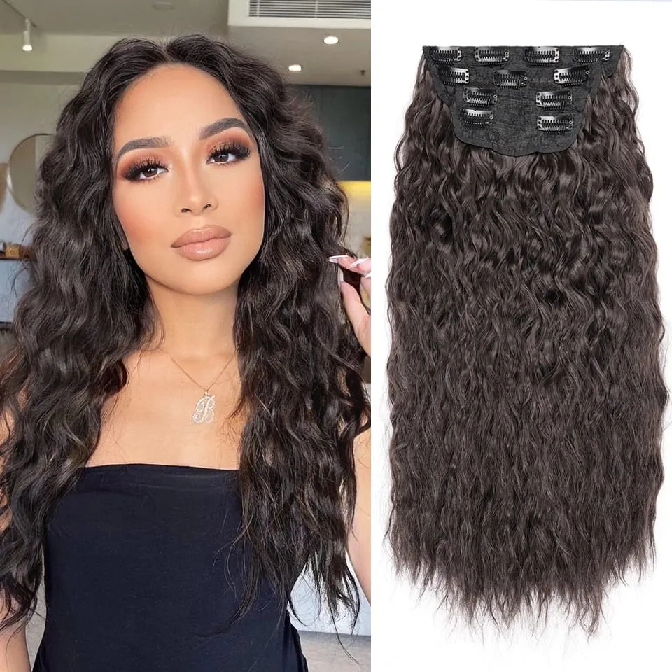 4PCS set Clip in Hair Extensions Natural Black Corn Wavy 20'' Long Curly Thick Synthetic Hairpieces for Women Girls Daily Party