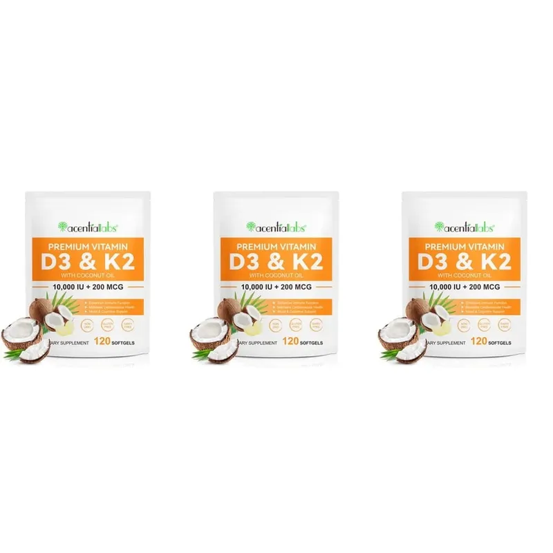 AcentiaLabs Vitamin D3 & K2 Softgels with Coconut Oil Immune Function and Bone Support Gluten Free Non-GMO 120 Softgels