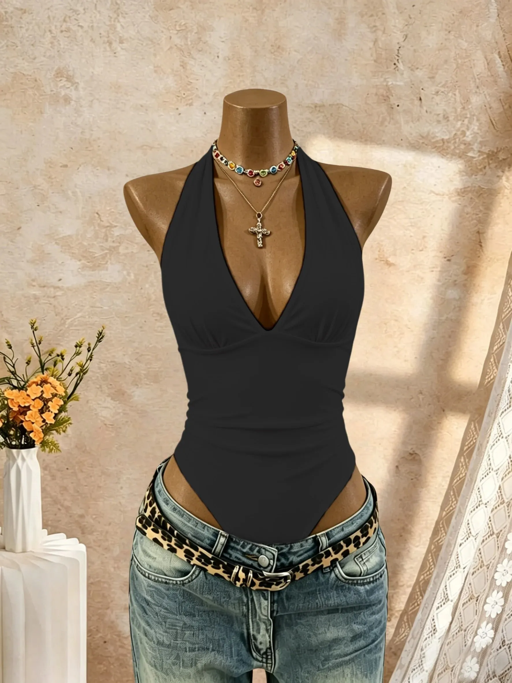 Women Halter Deep V Neck Ruched Slim Fit High Cut Bodysuit 2026 Summer Y2K Streetwear Sleeveless Tank Top
