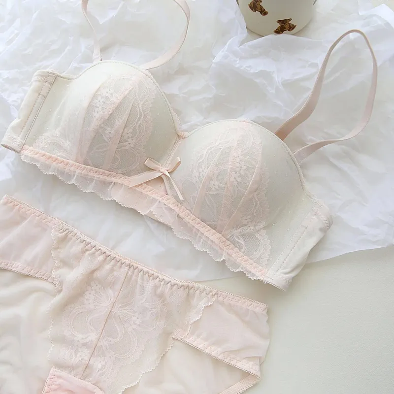 Conjunto de Bralette de encaje de copa Demi francesa Sexy, sujetador de realce inalámbrico para mujer, sin aros, cómodo, sin relleno, Sexy, dulce sujetador para adolescentes AB