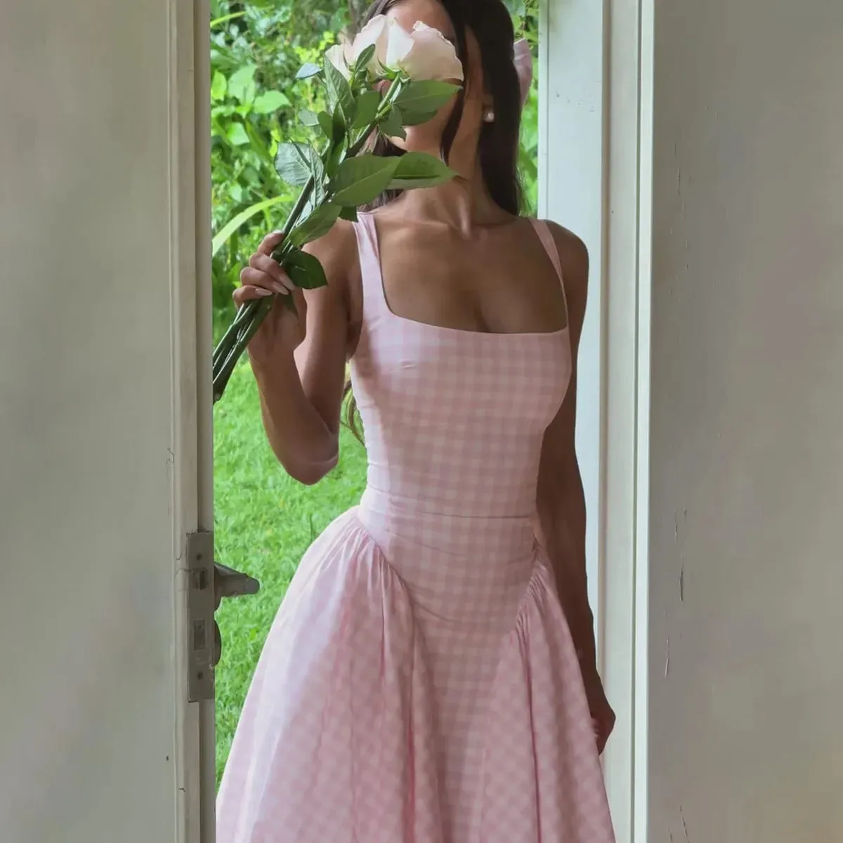 Plaid Printed Spaghetti Strap Sexy A-line Dress Women 2026 Elegant Summer Dress Backless Party Midi Dress Vestidos