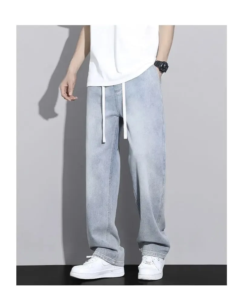 Men's Straight Leg Jeans American High Street High-quality Drawstring Design Daily Casual Loose Pants Washed Polished White