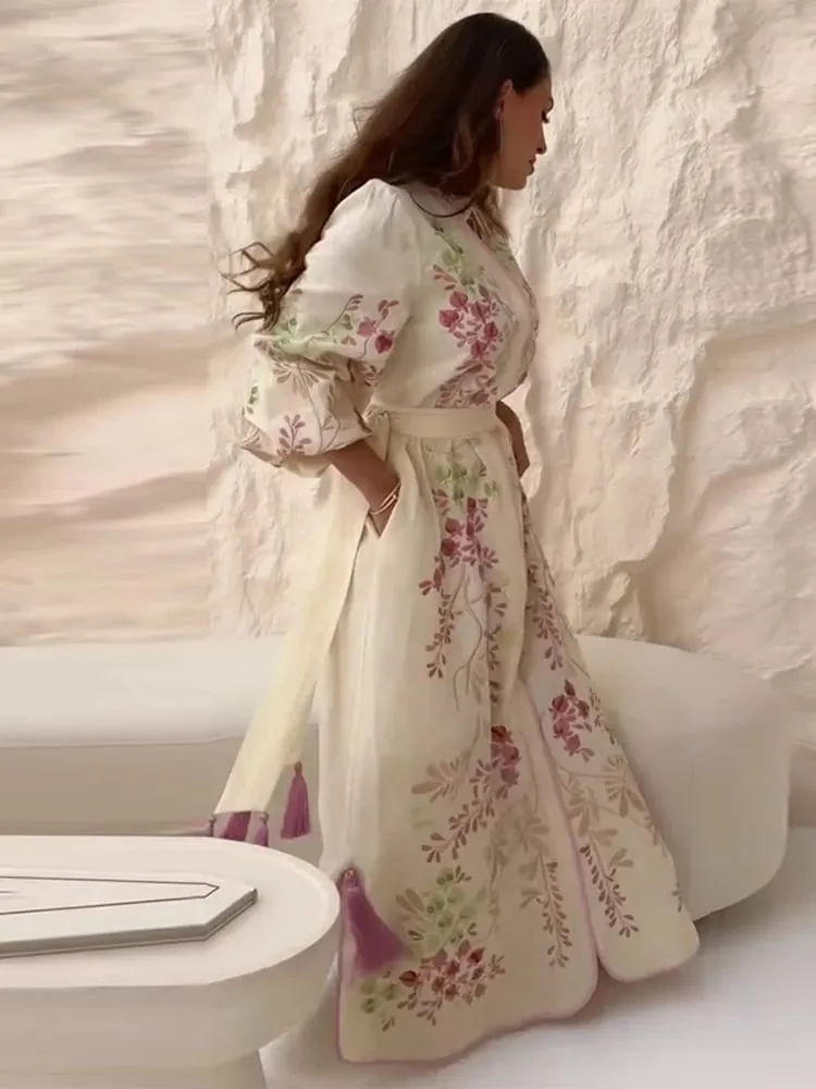 Robe longue rétro à imprimé Floral pour femmes, avec ceinture à pampilles, col montant, manches longues, Kaftan musulman, Robes de printemps, nouvelle collection 2026