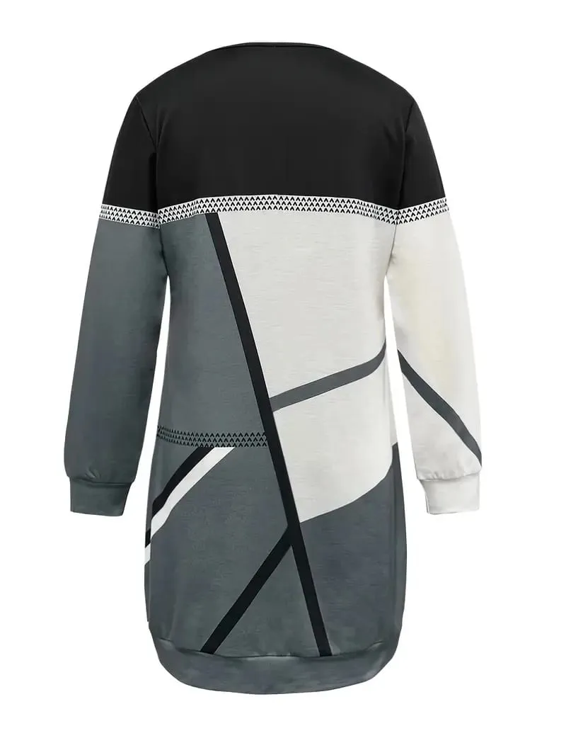 Women's Spring and Autumn Geometric Pattern Print Long Sleeve Round Neck Dress