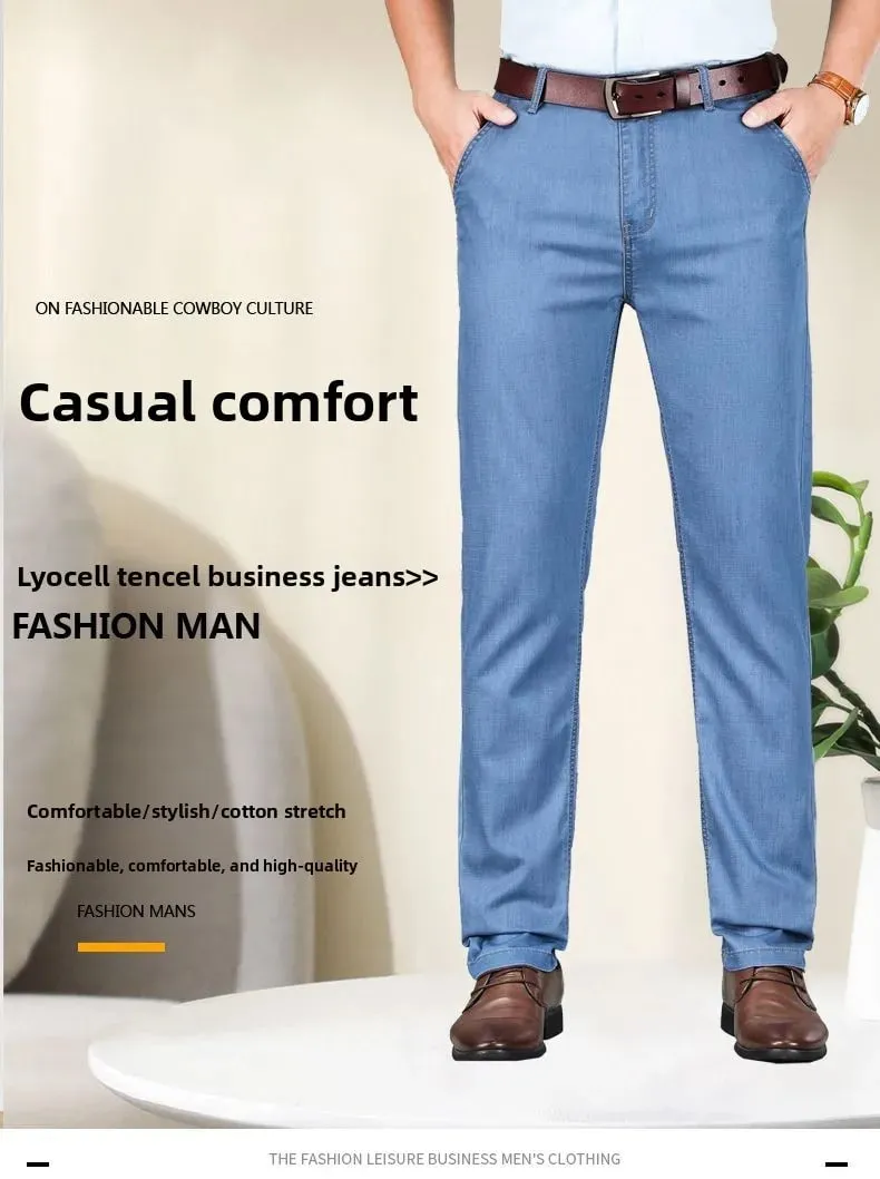 2026 New Seasons Lightweight Fit Straight Men's Jeans Classic Business Clothes Thin Cotton Elastic High Waist Casual
