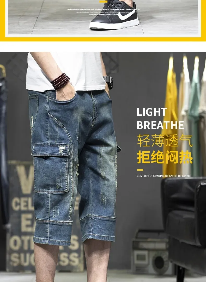 Cargo Man Denim Shorts Knee Length Half Long Bermuda Short Jeans Pants for Men with Pockets Blue Luxury Jorts Thin Streetwear