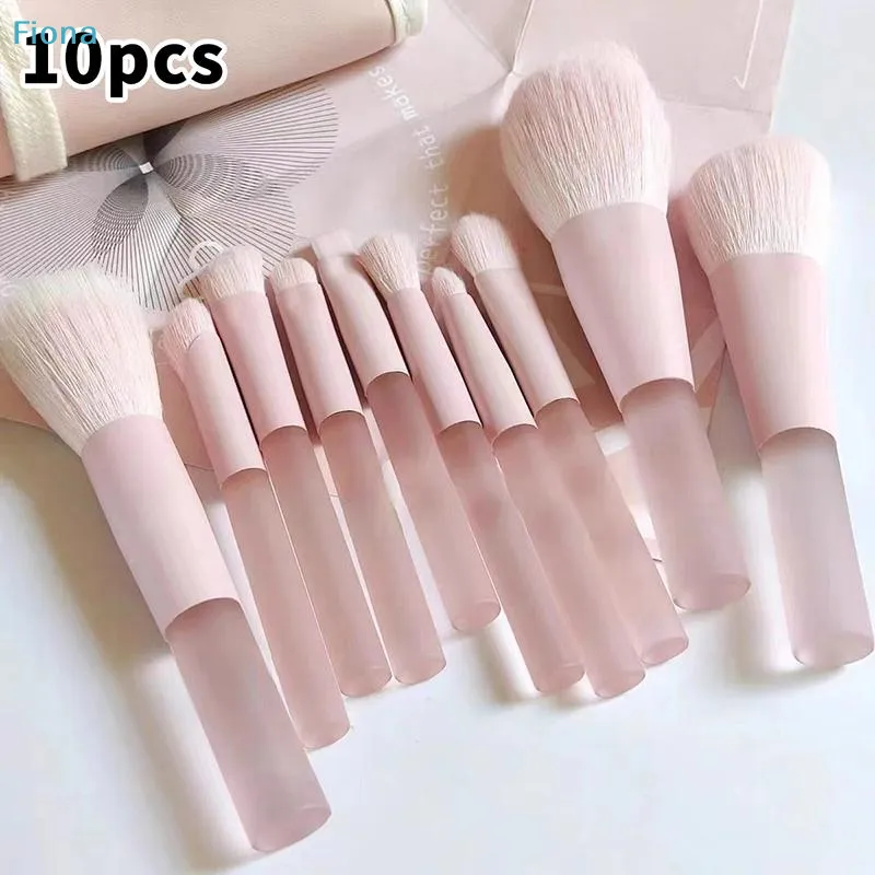 ☭10pcs Pink Handle Travel Makeup Brushes Synthetic Foundation Powder Eyeshadow Mini Makeup Brush Set