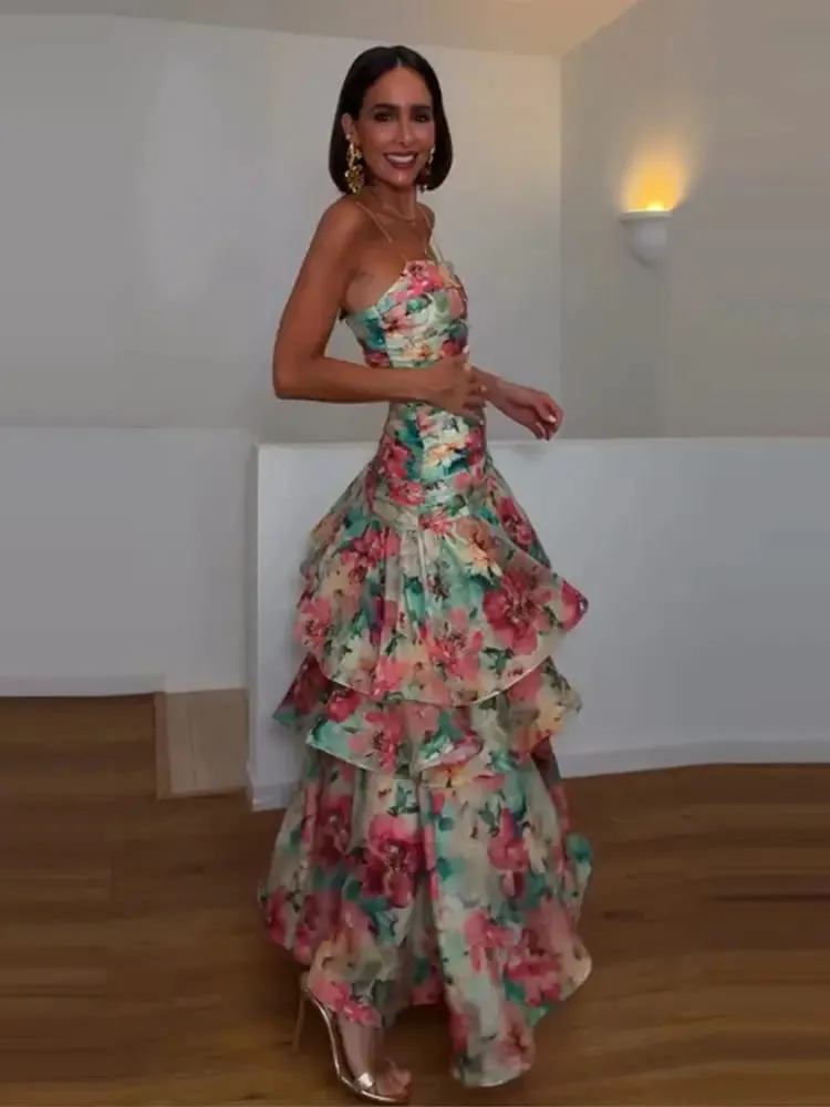 Casual Printed Ruffle Sling Dress Women Sleeveless Backless Slip Long A-line Female Dresses 2026 Summer Holidays Lady Robe