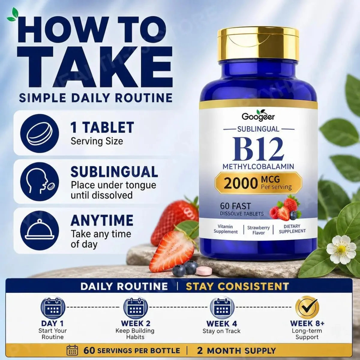 Googeer B12 Methylcobalamin Sublingual Fast Dissolve Tablets with Strawberry Flavor for Daily Body Comfort Support 60 Tablets