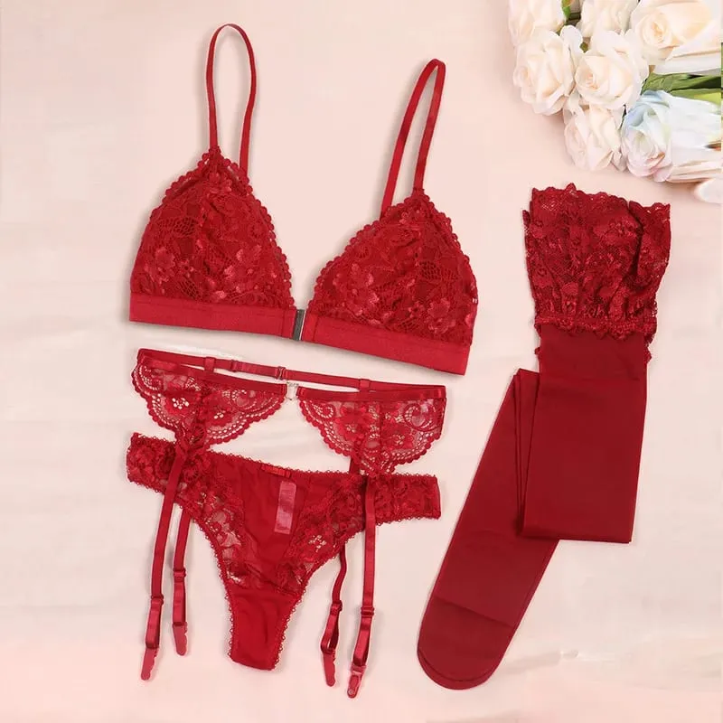 New Lace Bra Sets for Women Summer Underwear Non-padded Bra Panty Garter Stockings Lingerie Sexy