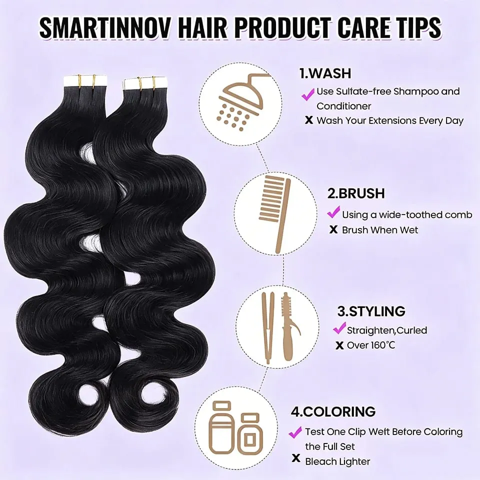 Tape in Hair Extensions Human Hair Body Wave Natural Black Reusable Double-Side Seamless Extension Human Hair 50G 20 PCS/pack