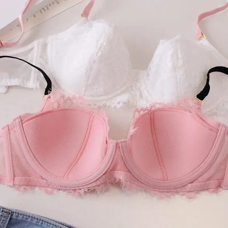 Sexy Lace Bralette & Panty Set with Push Up Steel Ring Large Size Thin Lingerie for Women