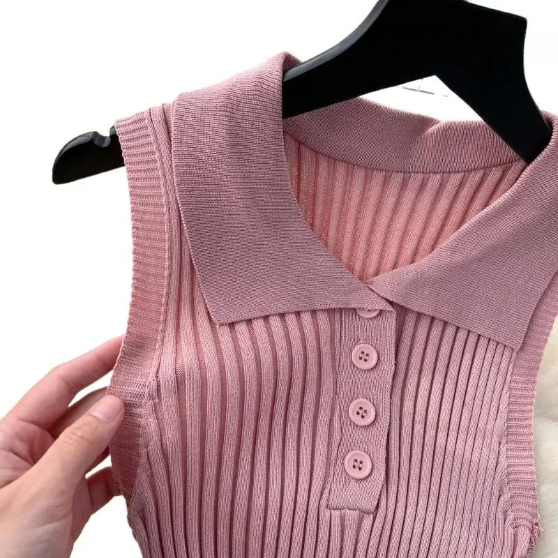 Women's Baby Pink Halter Neck Sleeveless Polo Collar Button Stretchy Ribbed Knit Bodycon Mini Dress Summer Party Short Dress — image 6
