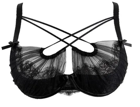 Hot Sale Summer Lace Embroidery Cross Tie Lingerie Set Sheer Mesh Push Up Bra Comfort Daily Wear Underwear Set for Women 32-38