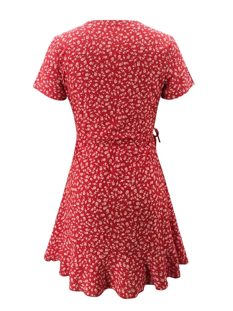 Sommar Dam Floal A-Line Klänning Söt Elegant Blommig Volanger V-ringad Bandage Kort Klänning för Lady Chic Flowers Miniklänning