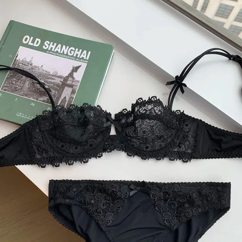 Conjunto de Sujetador de encaje Sexy para mujer, lencería erótica oculta de media Copa transparente, pezón ultrafino, ropa interior cómoda de realce, talla grande